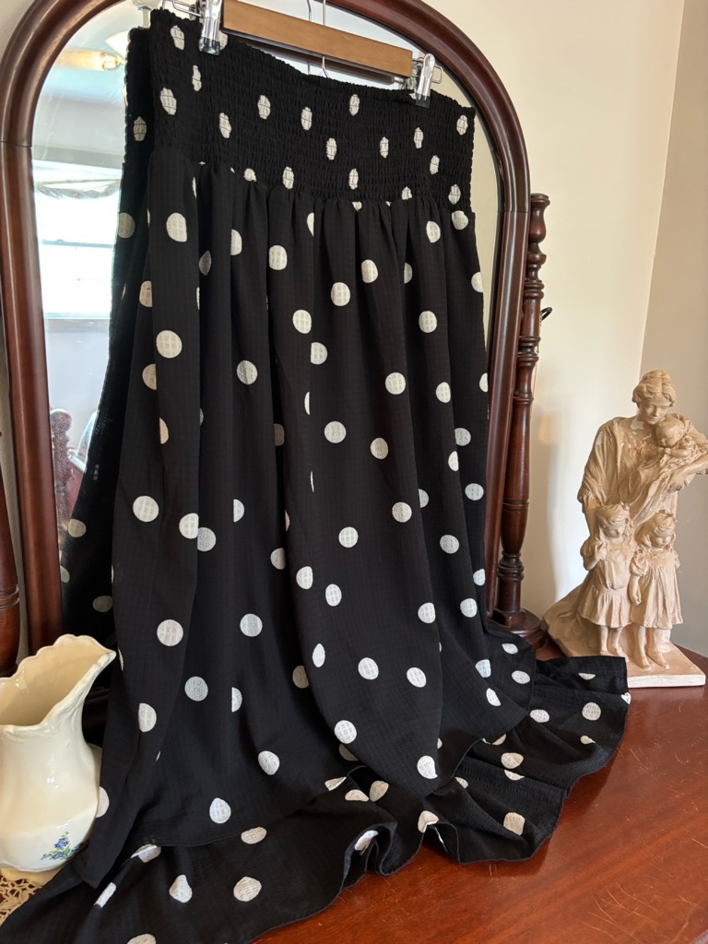 Scoop Black Polka Dot Skirt with Smocked Waist Size Large